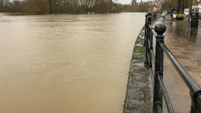 Coton Hill in Shrewsbury as river levels rose this morning