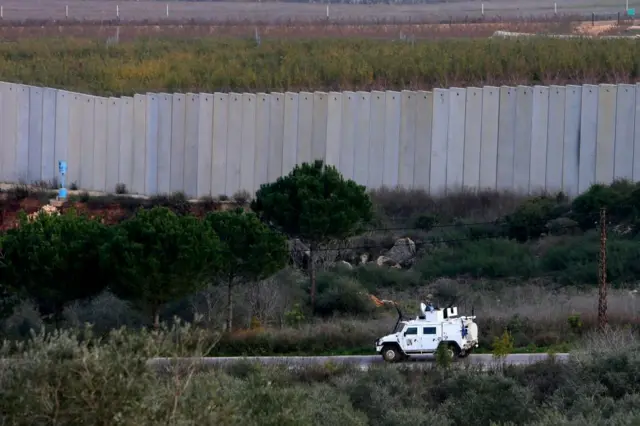 Unifil patrols the border wall between Lebanon and Israel, in Kfar Kila town, southern Lebanon