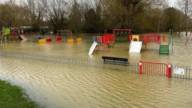 A flooded playground in St Neots, Cambridgeshire