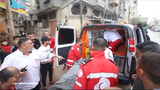 Still from PRCS video showing medical personnel and ambulance on street of al-Amal Hospital, Khan Younis, 2 January 2024