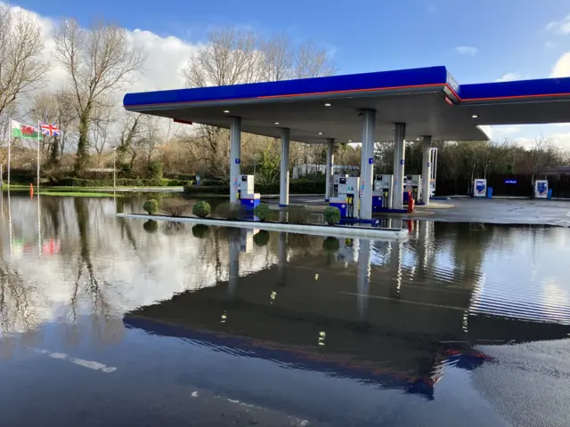 A flooded petrol station in Denbigh, Wales