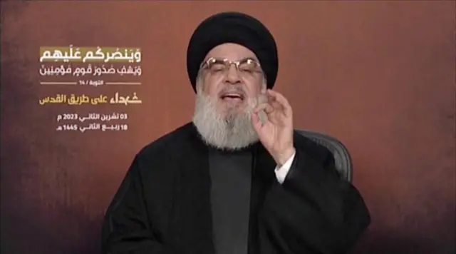 Hassan Nasrallah giving a televised address on 3 November