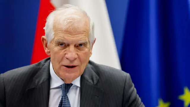 EU foreign policy chief Josep Borrell stands in front of an EU flag