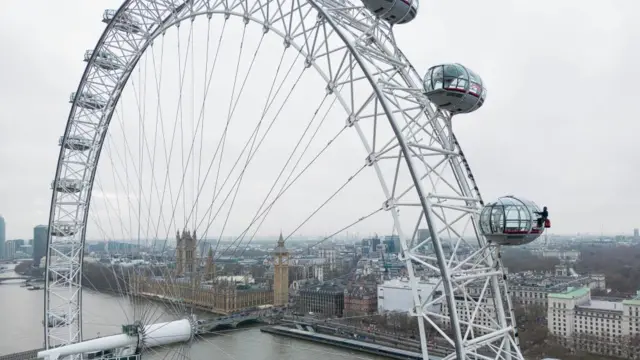 An aerial view of a 'spring clean' taking place at the lastminute.com London Eye, ahead of the first day of spring to ensure the 1,152 panes of glass on the attraction's pods are ready to show off the 360-degree view to the 21.6 million people predicted to visit London this year.