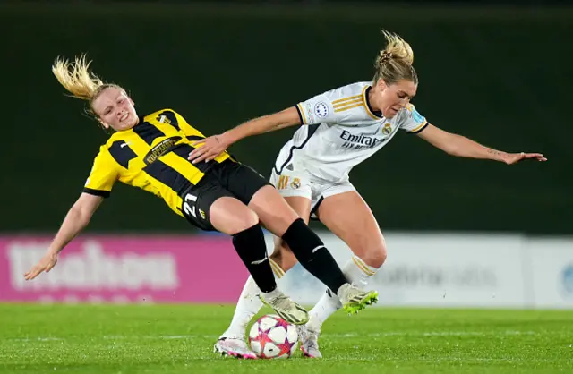 Johanna Soerensen of BK Hacken is challenged by Freja Olofsson