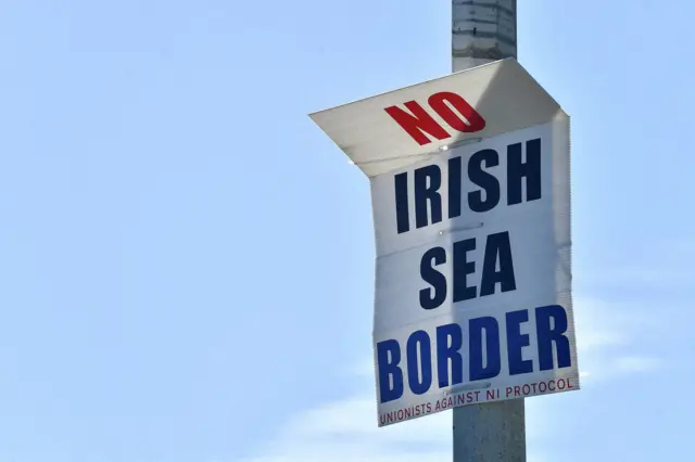 Sign saying No Irish Sea Border in protest against the NI Protocol