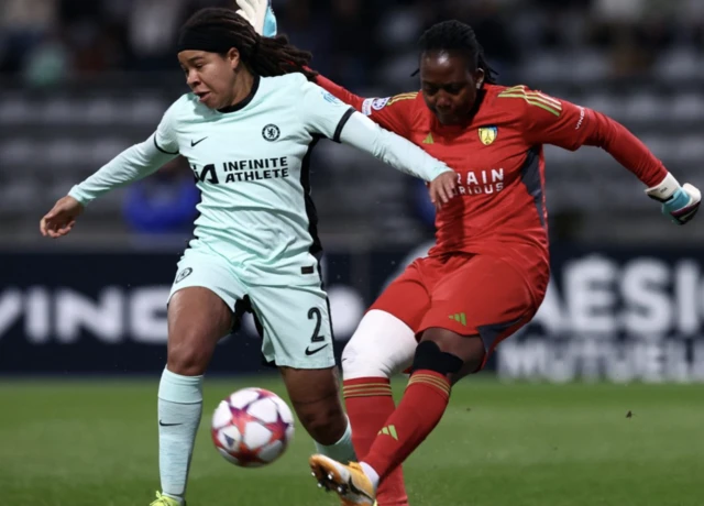 Chelsea's Mia Fishel in action with Paris FC's Chiamaka Nnadozie