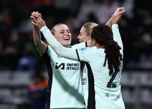 Chelsea's Mia Fishel celebrates scoring their second goal with teammates