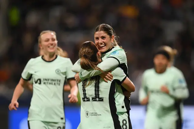 Maren Mjelde of Chelsea celebrates with teammate Guro Reiten