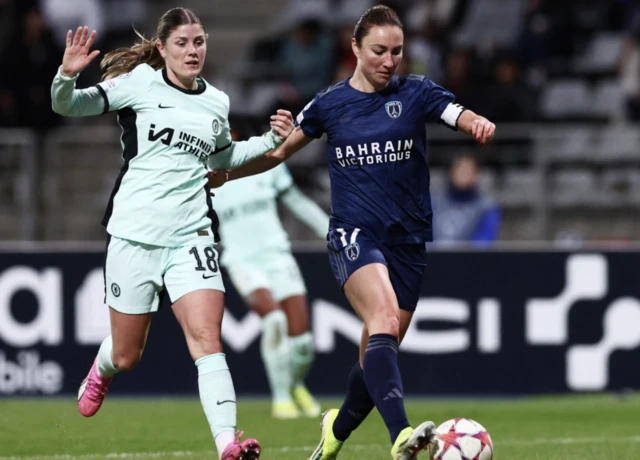 Chelsea's Maren Mjelde in action with Paris FC's Gaetane Thiney