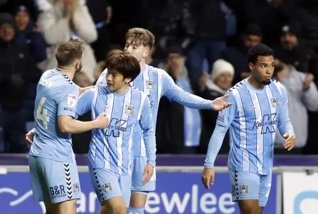 Coventry celebrate Tatsuhiro Sakamoto (second left) scoring