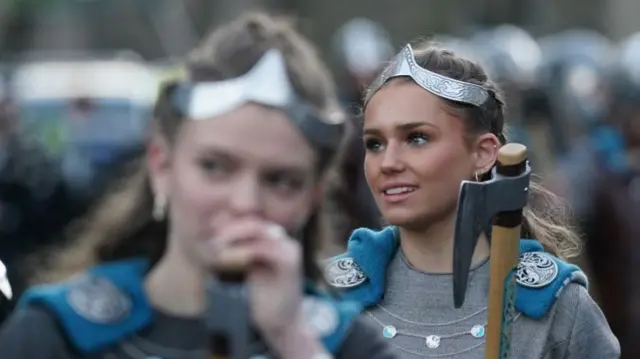 Young women in the parade dressed in traditional Viking clothes