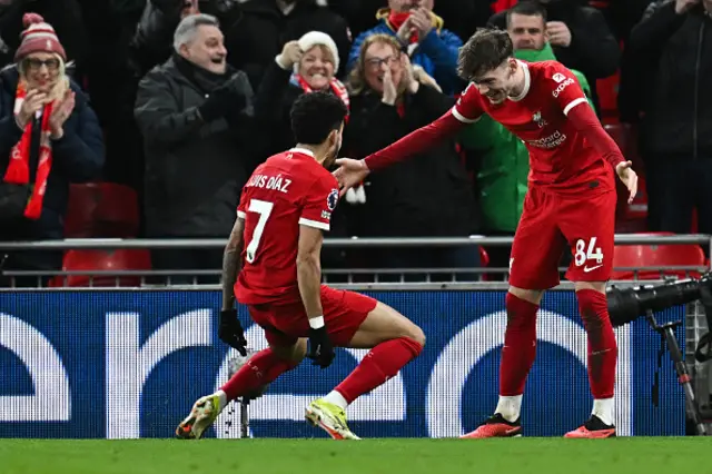 Luis Diaz and Conor Bradley  celebrate together