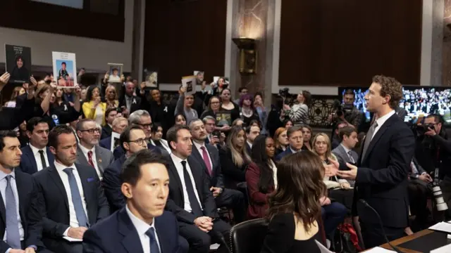 Meta CEO Mark Zuckerberg (R) addresses the families in the audience during a Senate Judiciary Committee hearing on protecting children from sexual exploitation online in the Dirksen Senate Office Building in Washington, DC, USA, 31 January 2024. House lawmakers are finding rare bipartisan support for their Kids Online Safety Act, which seeks to fight online child sexual abuse.