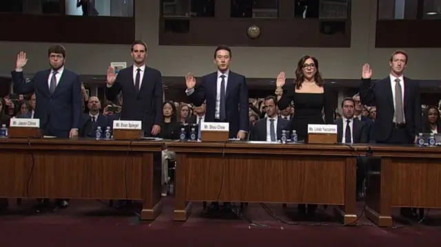 Left to right: Jason Citron, Evan Spiegel, Shou Zi Chew, Linda Yaccarino and Mark Zuckerberg