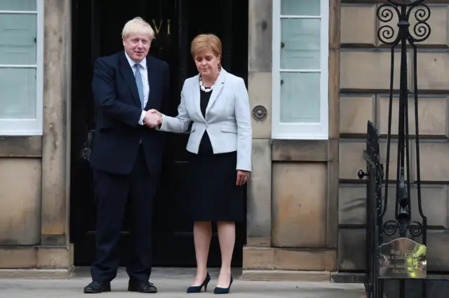 Prime Minister Boris Johnson shakes (shaking) hands with Scotland"s First Minister Nicola Sturgeon at Bute House in Edinburgh, Scotland, Britain July 29th 2019.