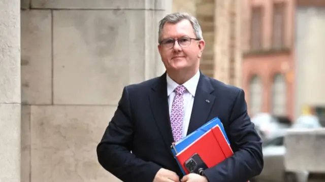 Democratic Unionist Party (DUP) leader Sir Jeffrey Donaldson arrives at Broadcasting House, the headquarters of BBC Northern Ireland on January 31, 2024 in Belfast