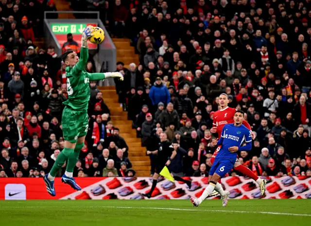 Darwin Nunez of Liverpool having hisn shot saved by Djordje Petrovic