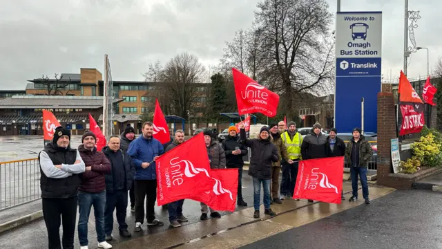 Translink staff on the picket line in Omagh in December