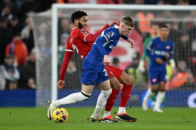 Cole Palmer of Chelsea is challenged by Joe Gomez