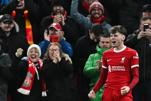 Conor Bradley celebrates after scoring