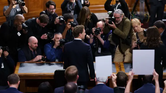 Meta CEO Mark Zuckerberg (C) ahead of testifying before the Senate Judiciary Committee hearing on protecting children from sexual exploitation online in the Dirksen Senate Office Building in Washington, DC, USA, 31 January 2024. House lawmakers are finding rare bipartisan support for their Kids Online Safety Act, which seeks to fight online child sexual abuse.