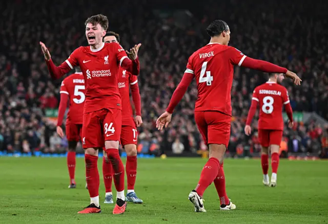 Conor Bradley of Liverpool celebrates after scoring