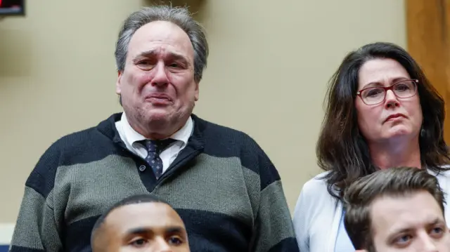 Dean and Michelle Nasca, whose son Chase allegedly committed suicide after receiving unsolicited suicidal videos in TikTok, react as TikTok Chief Executive Shou Zi Chew testifies before a House Energy and Commerce Committee hearing entitled "TikTok: How Congress can Safeguard American Data Privacy and Protect Children from Online Harms," as lawmakers scrutinize the Chinese-owned video-sharing app, on Capitol Hill in Washington, U.S., March 23, 2023.