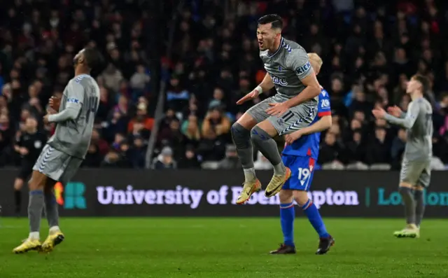 Harrison jumps in the air in anger after missing a huge chance.