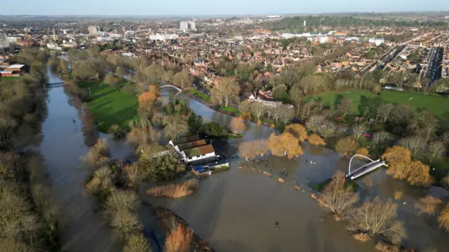 The river and boating lake at Bedford flooded