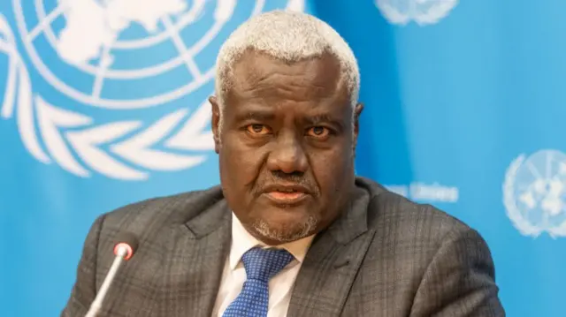 Chairperson of the African Union Commission Moussa Faki speaks during the joint press briefing with Secretary-General Antonio Guterres on developments in Africa and the Conclusion of the High-level Dialogue between the United Nations and the African Union.