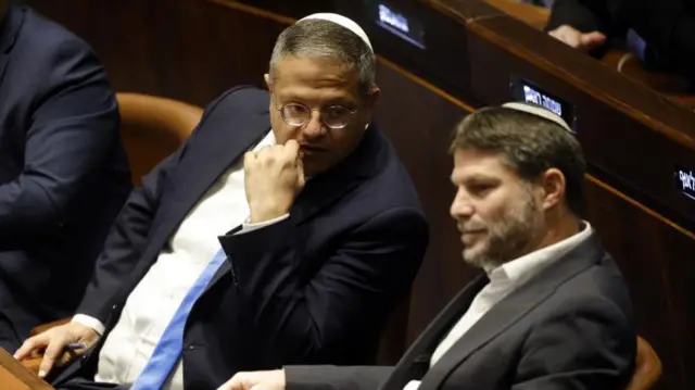 Right-wing Knesset members Itamar Ben-Gvir (L) and Bezalel Smotrich (R) at the Knesset,  Israel's parliament, in 2022