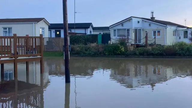 A view of flooding at Radcliffe Residential Park, in Nottingham. Several residents of the park, an estate of static caravans for the over-55s just to the east of the city, have been evacuated due to high water levels.