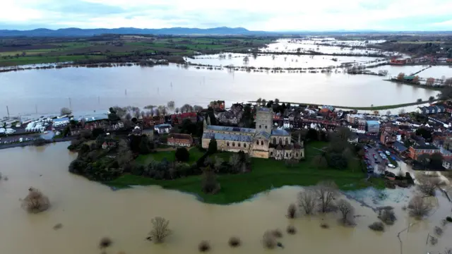 Flood water surrounding Tewkesbury Abbey, Gloucestershire, on Wednesday