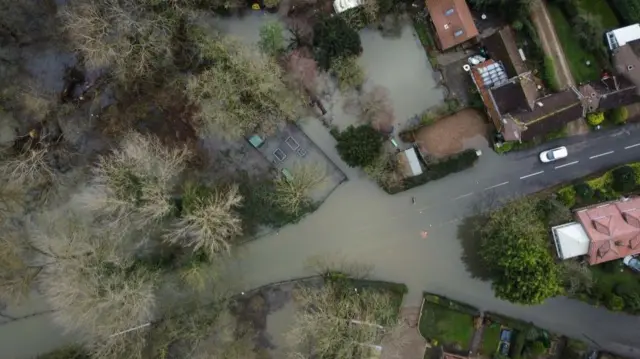 An aerial photograph taken by drone of flooding from the River Ouse in Naburn, Britain, 04 January 2024. Large parts of Britain are still experiencing flood warnings after Storm Henk brought heavy rain to already saturated ground. Flooding in northern Britain after Storm Henk, Naburn, United Kingdom - 04 Jan 2024