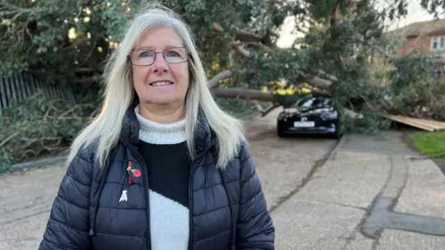 A blonde woman standing in front of a tree collapsed on a car