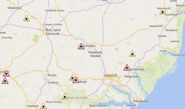 Map showing Suffolk's flood warnings