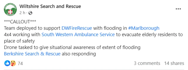 A screenshot of Wiltshire Fire and Rescue's Facebook post saying it is helping evacuate elderly residents in Marlborough