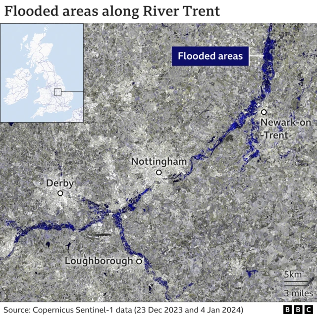 Map showing the extent of flooding along the Trent near Newark and Nottingham