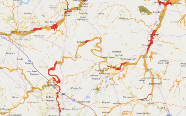 Map showing the flooding alerts in Bedfordshire