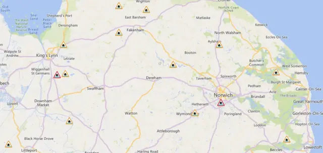 Map showing flood warnings in Norfolk