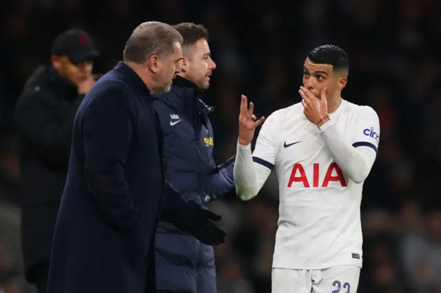 Porro comes over to the sideline to get instructions from boss Postecoglou.