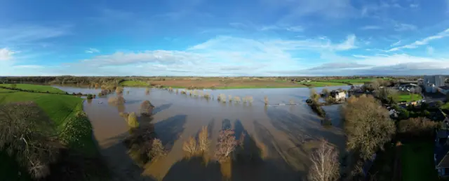 Aerial shot of flooding in Staverton