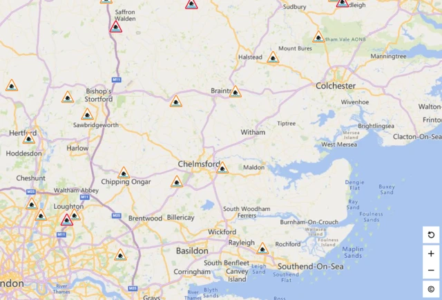 Map of flood warnings and alerts in Essex