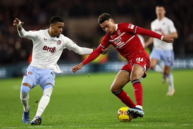 Morgan Rogers of Middlesbrough is challenged by Jacob Ramsey of Aston Villa