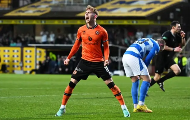 Kai Fotheringham celebrates after scoring for Dundee United against Morton