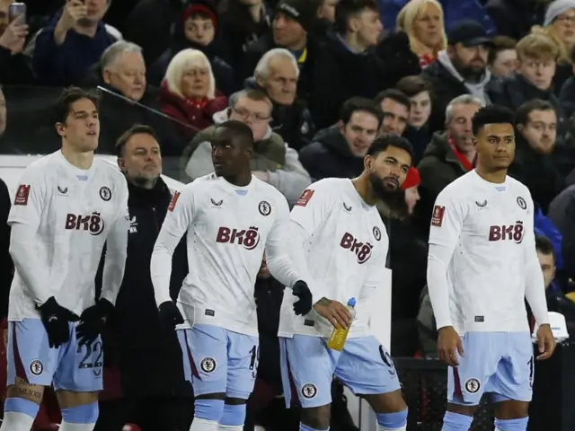 Nicolo Zaniolo, Douglas Luiz, Moussa Diaby and Ollie Watkins prepare to come on as substitutes