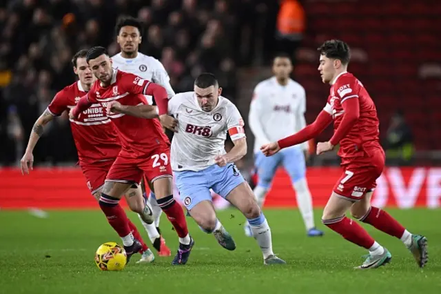 Sam Greenwood fights for the ball with Aston Villa's Scottish midfielder John McGinn