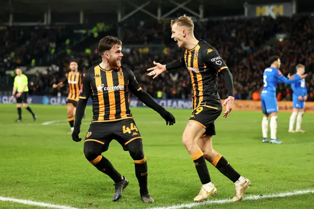 Matty Jacob of Hull City celebrates with Aaron Connolly