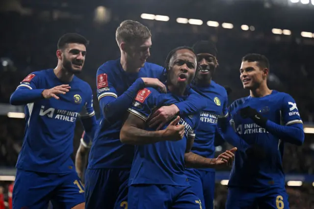 Chelsea celebrate Raheem Sterling's goal